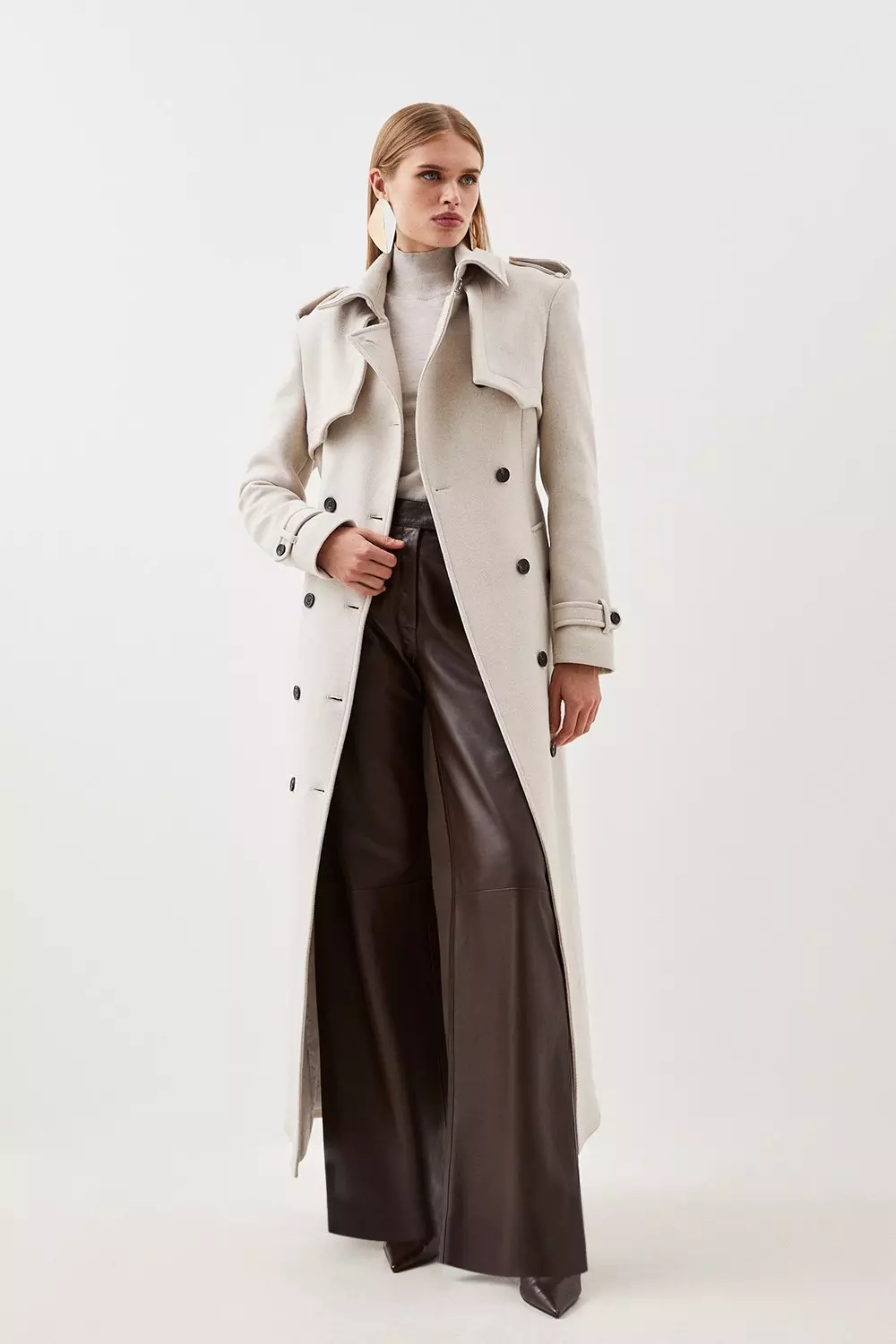 Italian Manteco Wool Blend Belted Maxi Trench Coat | Karen Millen