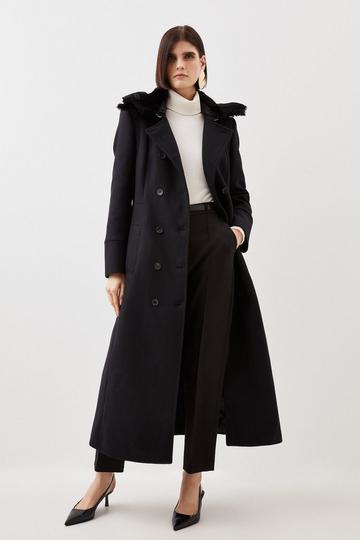 Black Italian Wool Blend Faux Fur Collar Coat