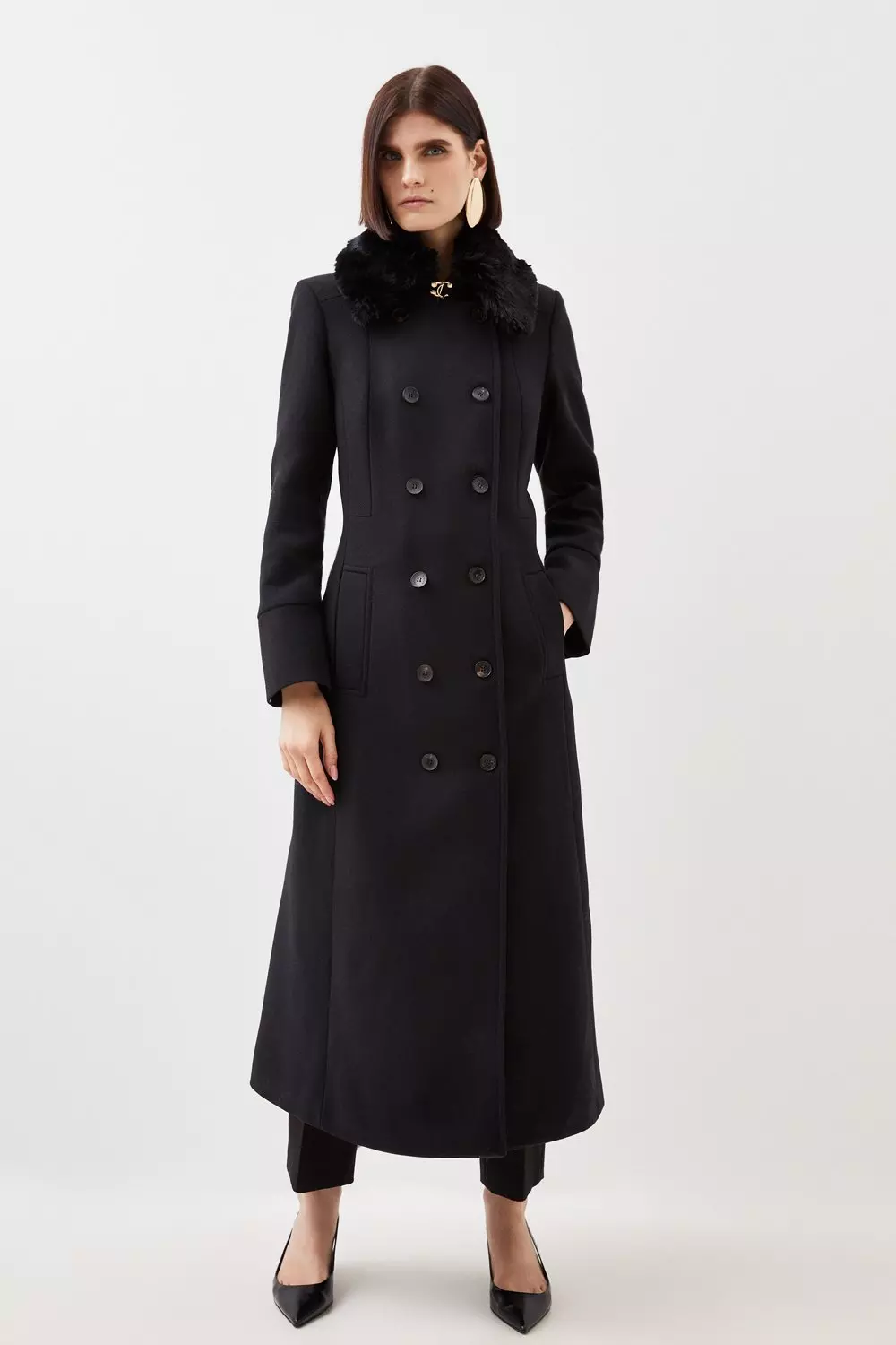 Italian Manteco Wool Blend Faux Fur Collar Coat | Karen Millen