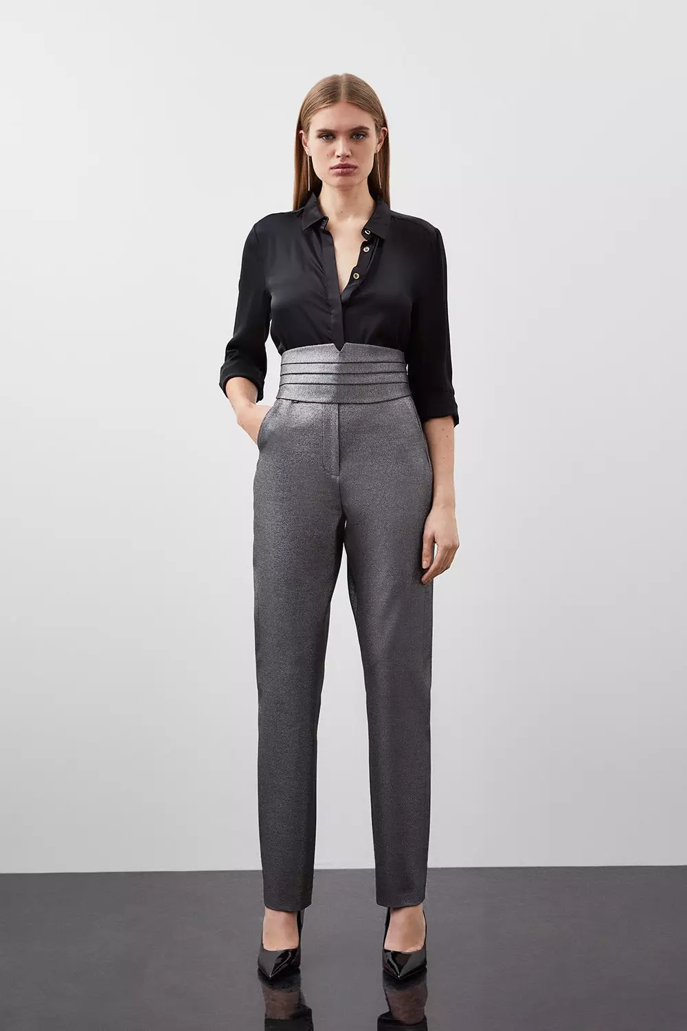 Compact Stretch High Waist Tailored Trousers | Karen Millen