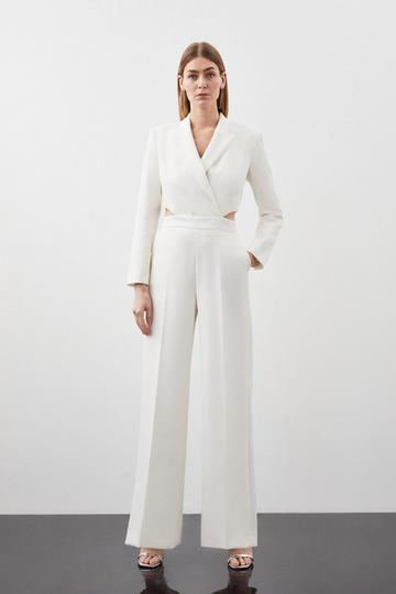 Tailored Compact Stretch Tuxedo Wide Leg Jumpsuit ivory