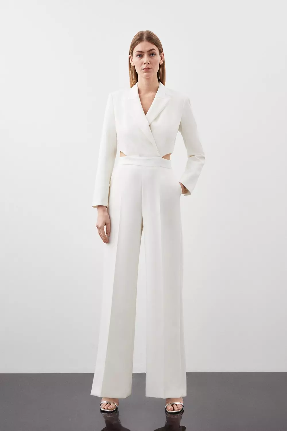 Tailored Compact Stretch Tuxedo Wide Leg Jumpsuit | Karen Millen