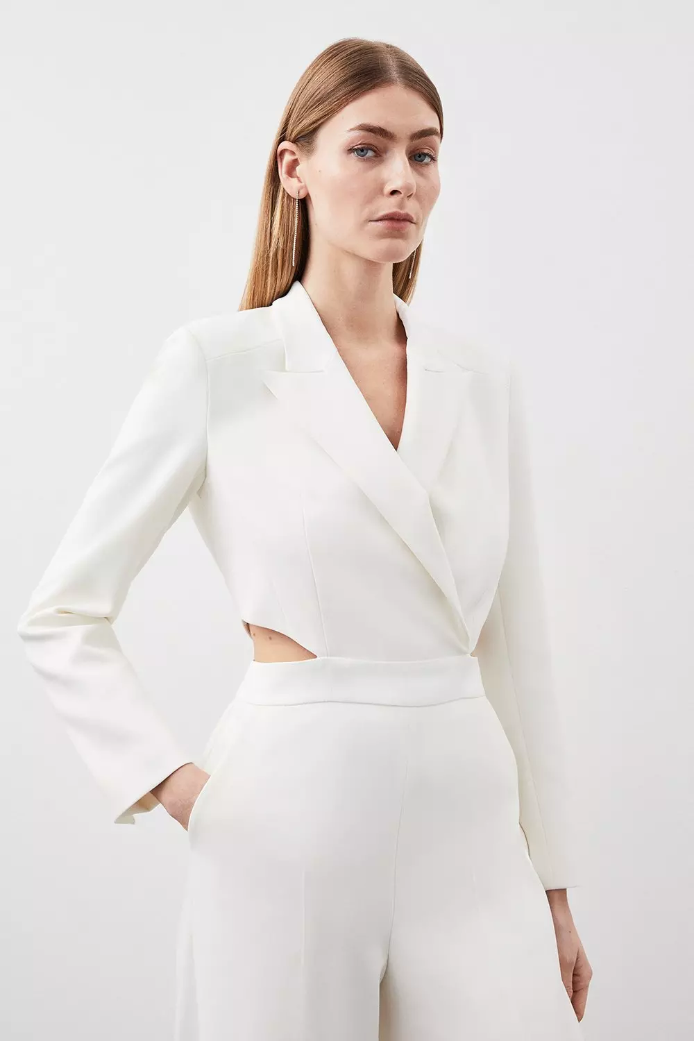 Tailored Compact Stretch Tuxedo Wide Leg Jumpsuit | Karen Millen