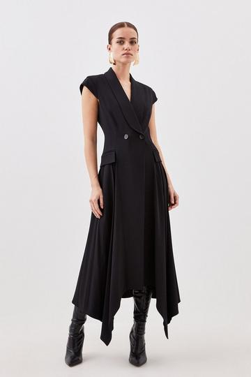 Petite Tailored Polished Viscose Collared Detail Tuxedo Midi Dress black