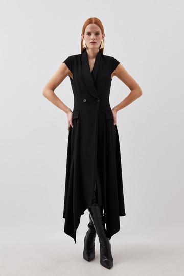 Black Tailored Polished Viscose Collared Detail Tuxedo Midi Dress