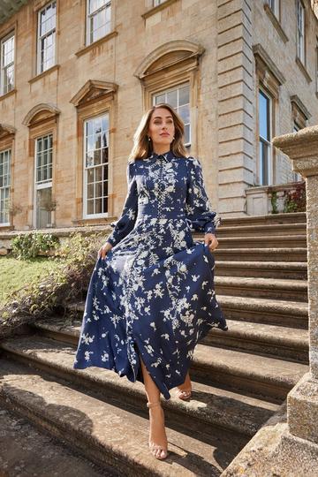 Lydia Millen Linen Floral Embroidered Woven Maxi Dress indigo