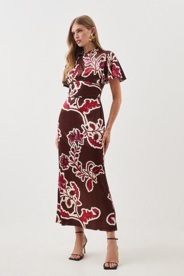 Petite Batik Viscose Satin Angel Sleeve Woven Midi Dress floral