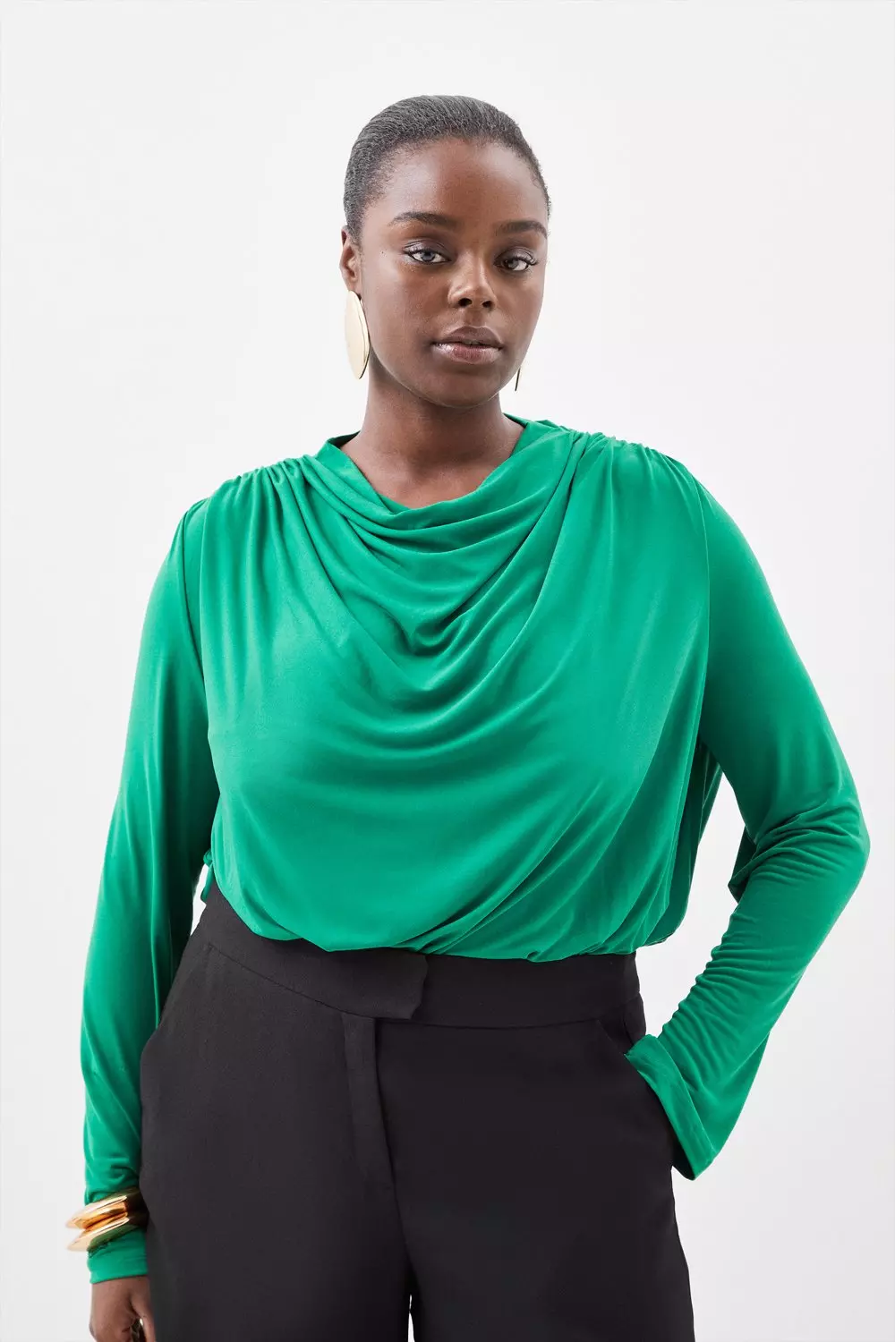 Plus Size Jersey Crepe Draped High Neck Bodysuit