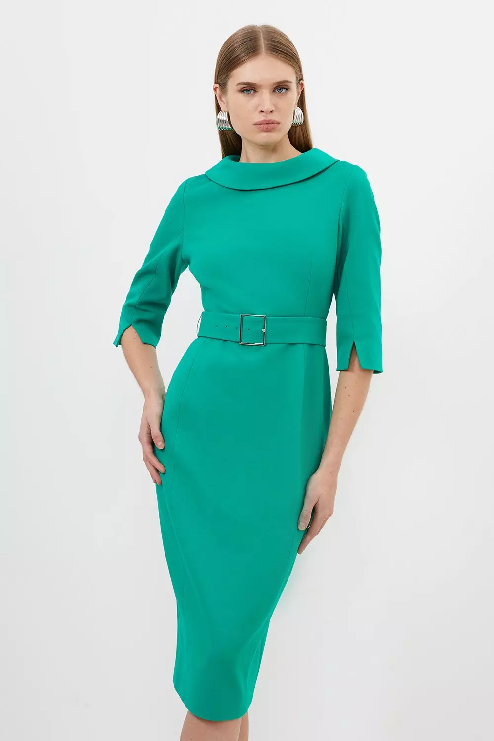 Structured Crepe Tailored Turtleneck Pencil Midi Dress | Karen Millen