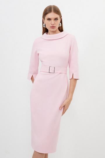 Pink Structured Crepe Tailored Roll Neck Pencil Midi Dress