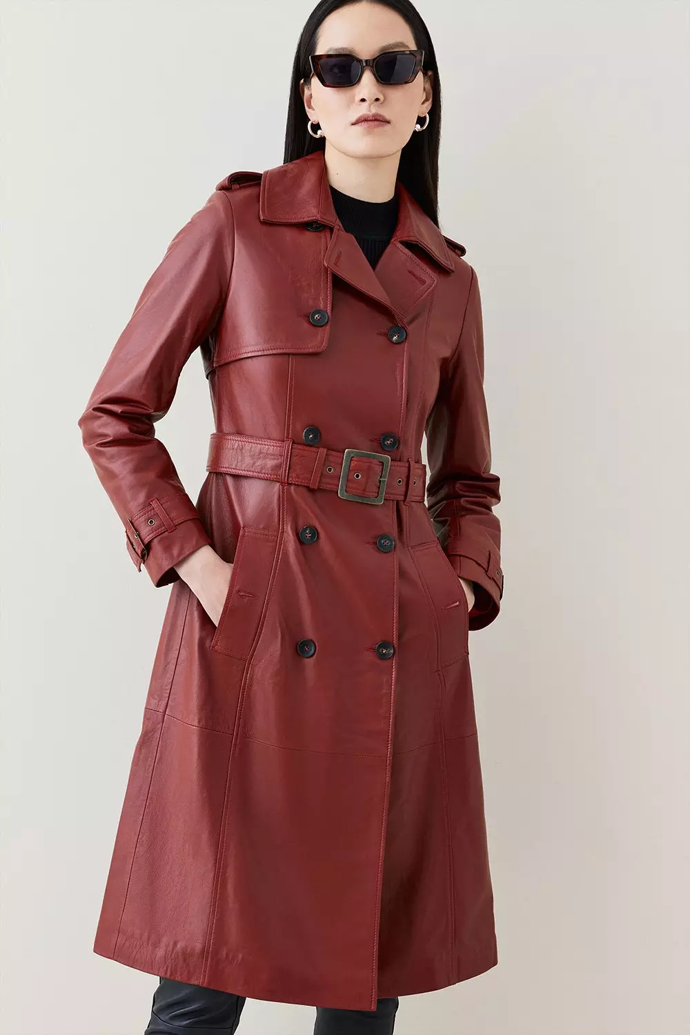 Long red hotsell leather trench coat