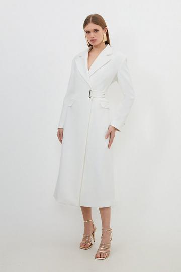 Compact Stretch Side Tie Detail Midi Coat ivory