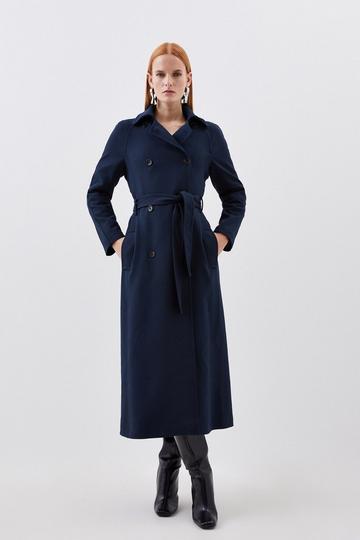 Compact Stretch Double Breasted Button Detail Belted Coat dark navy