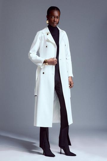 Compact Stretch Double Breasted Button Detail Belted Coat ivory