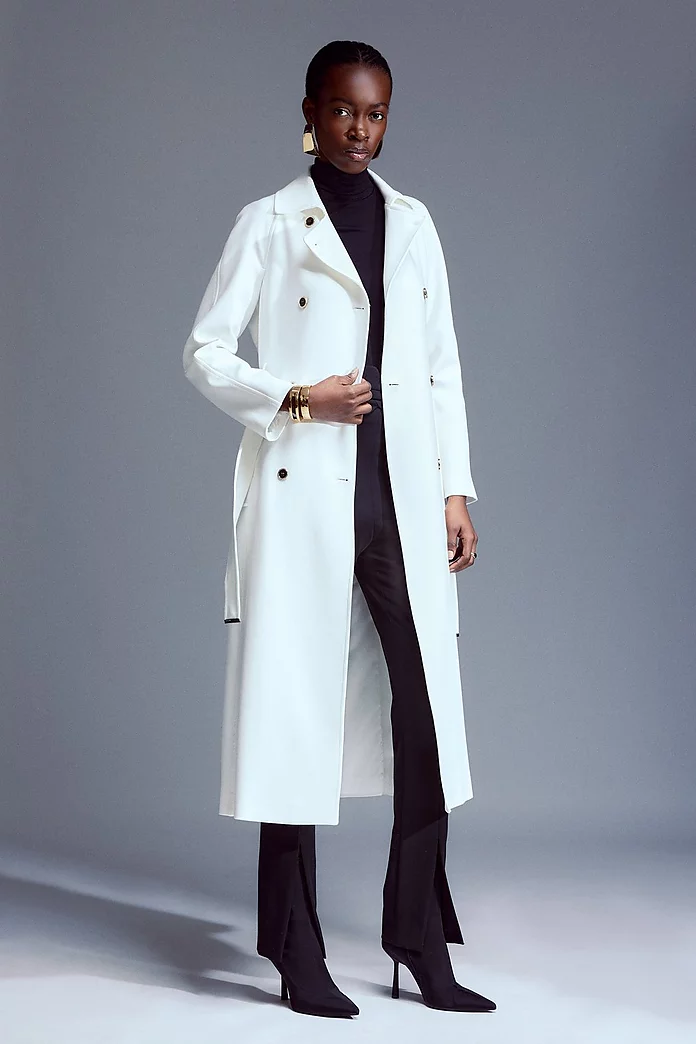 Compact Stretch Double Breasted Button Detail Belted Coat | Karen
