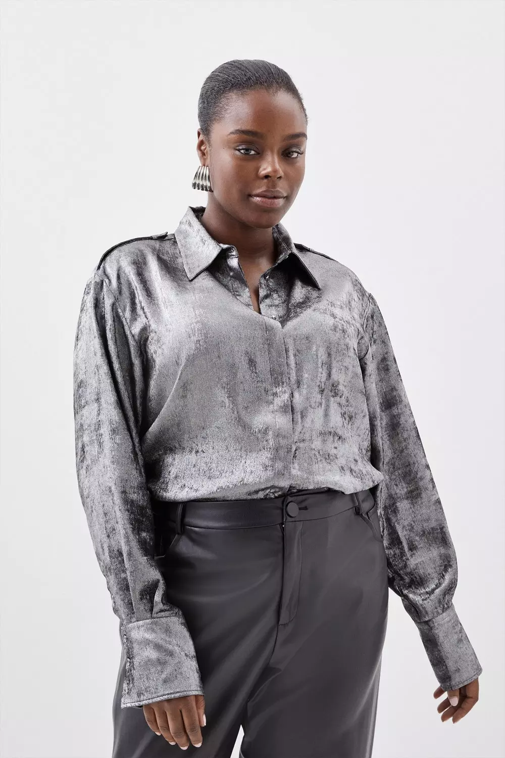 Plus Size Metallic Long Sleeve Collared Woven Shirt | Karen Millen