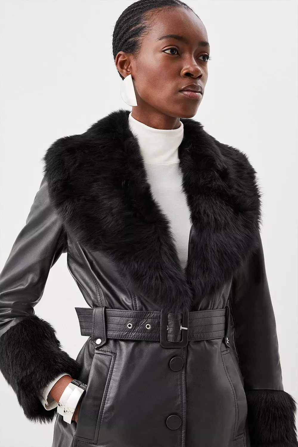 Shearling Cuff And Collar Leather Coat Karen Millen