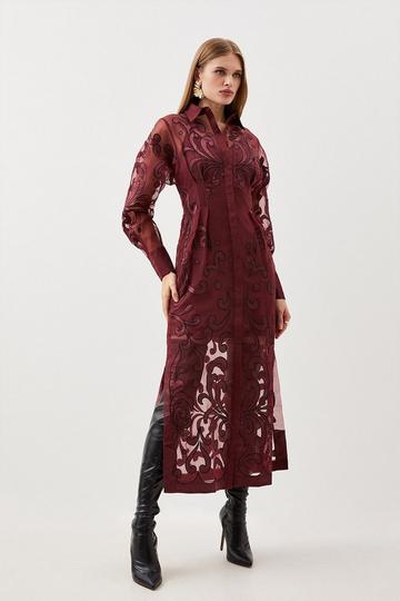 Applique Organdie Woven Midi Shirt Dress fig