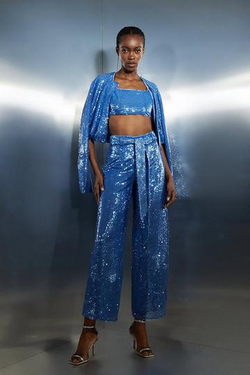 Blue Sequin High Waisted Belted Woven Trouser blue