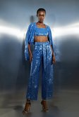 Blue Sequin High Waisted Belted Woven Trousers