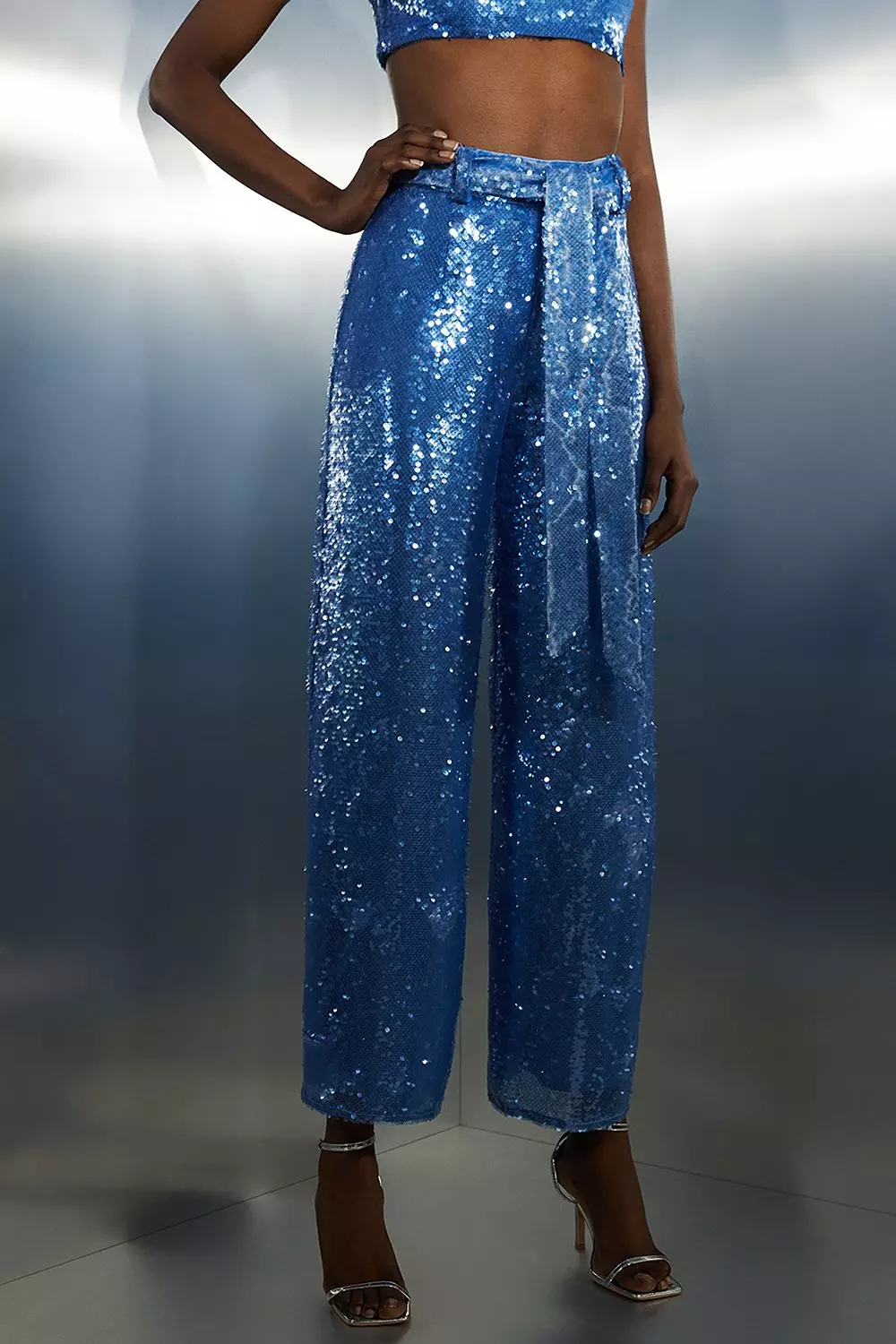 Blue Sequin High Waisted Belted Woven Pants