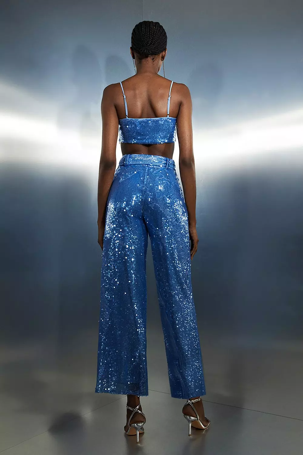 Blue Sequin High Waisted Belted Woven Pants
