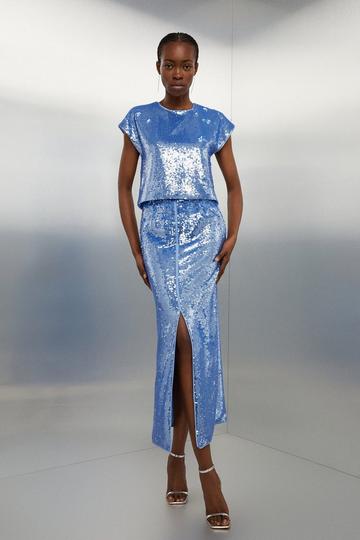 Blue Blue Sequin Front Split Woven Midi Skirt
