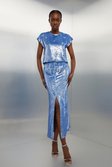 Blue Sequin Front Split Woven Midi Skirt