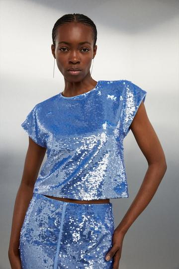 Blue Sequin Woven Boxy Top blue