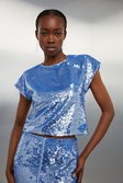 Blue Sequin Woven Boxy Top