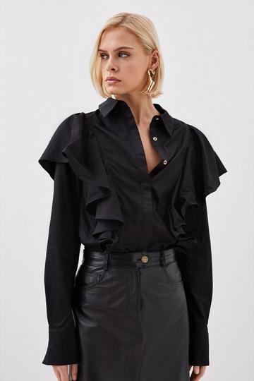 Ruffle Panelled Cotton Poplin Woven Shirt black