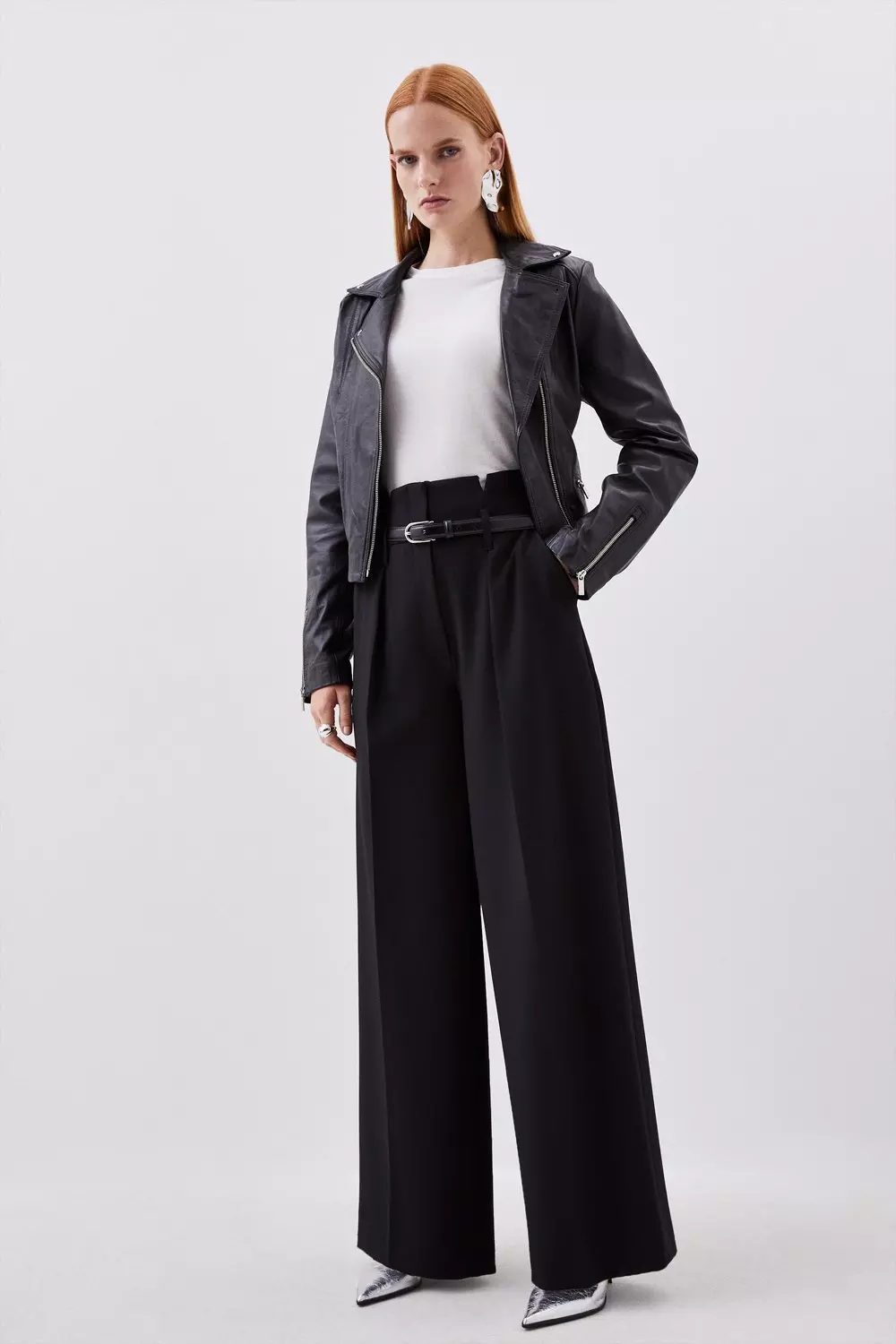 Black Woven High Waist Tailored Wide Leg Pants