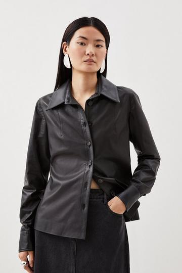 Black Leather Button Down Collared Shirt