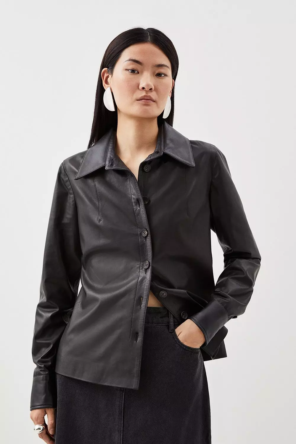 Leather button clearance down shirt women's