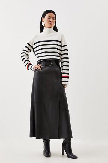 Black Leather High Waist Belted Maxi Skirt