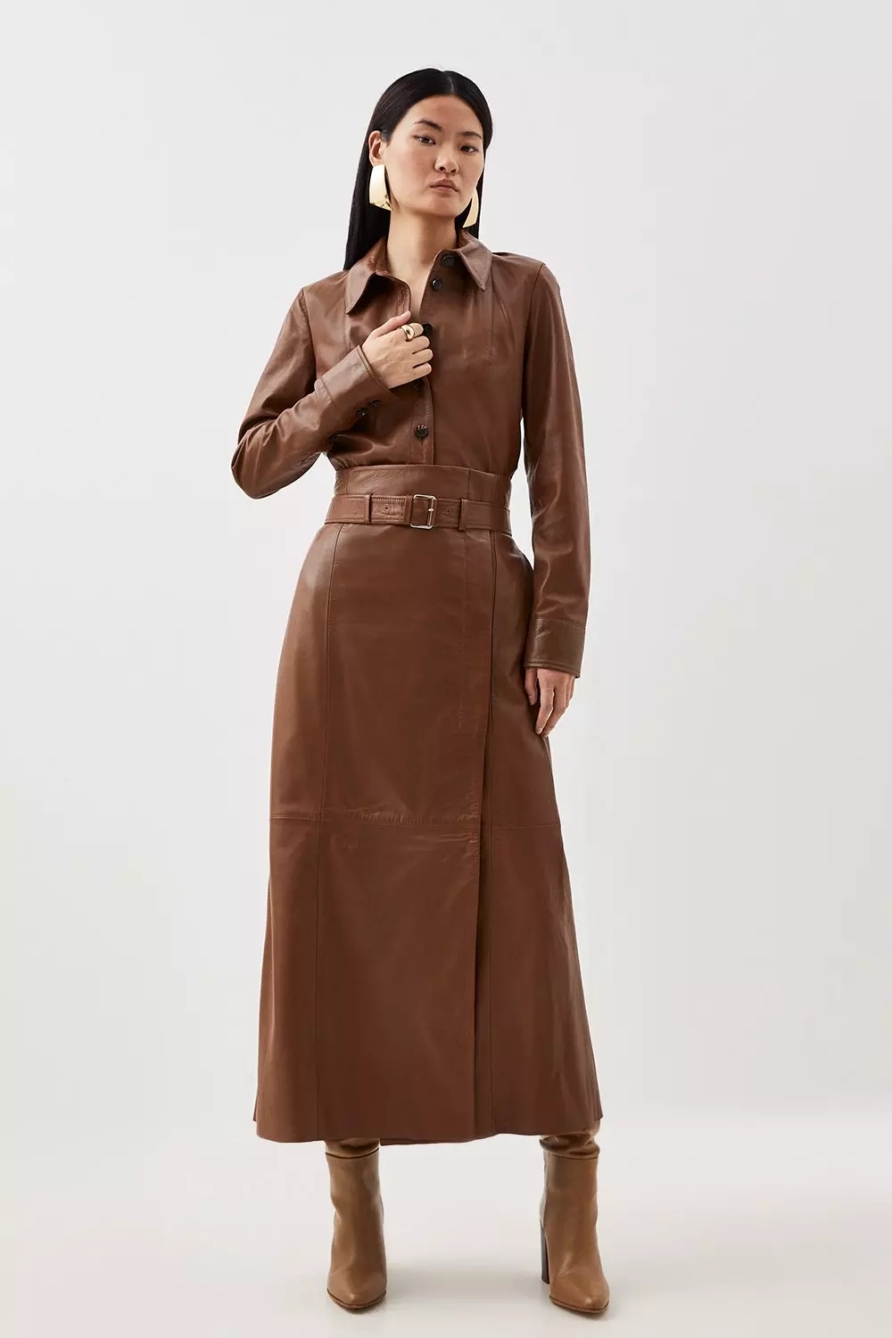 Leather High Waist Belted Maxi Skirt Karen Millen