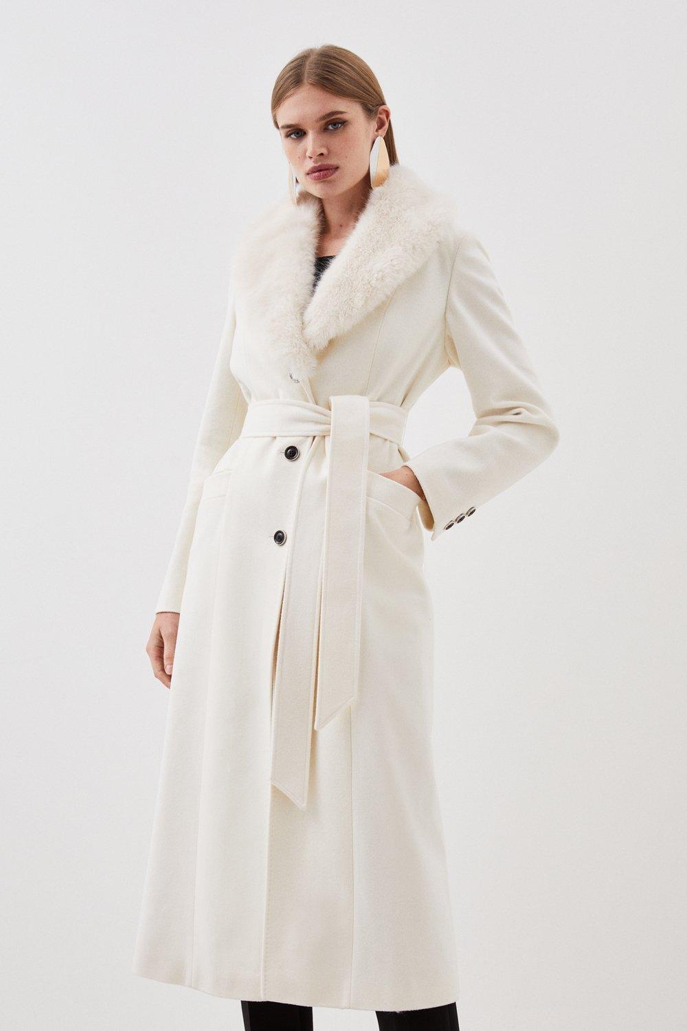 Italian Manteco Wool Blend Faux Fur Collar Belted Coat | Karen Millen