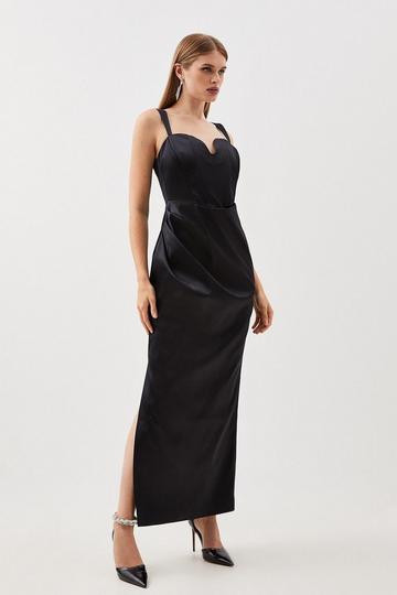 Black Tailored Italian Satin Corset Detail Sleeveless Maxi Dress