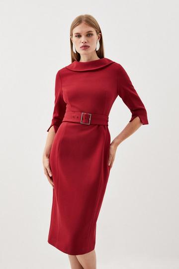 Tailored Structured Crepe Roll Neck Belted Midi Dress dark red