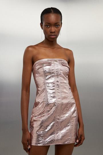 Metallic Faux Leather Front Pocket Detail Mini Dress pale pink