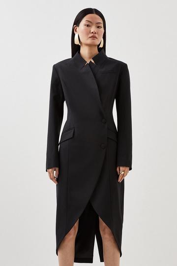 Black Wool Blend Tailored Pocket Detail Tuxedo Blazer Dress