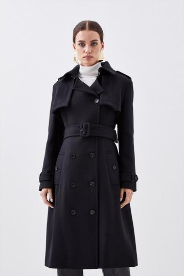Petite Tailored Wool Blend Storm Flap Detail Belted Trench black