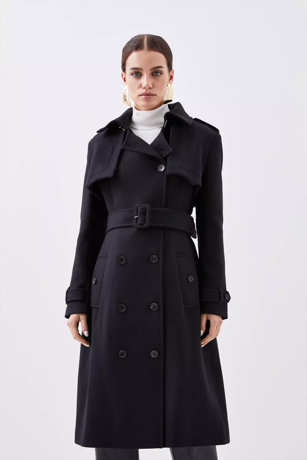 Petite Tailored Wool Blend Storm Flap Detail Belted Trench | Karen