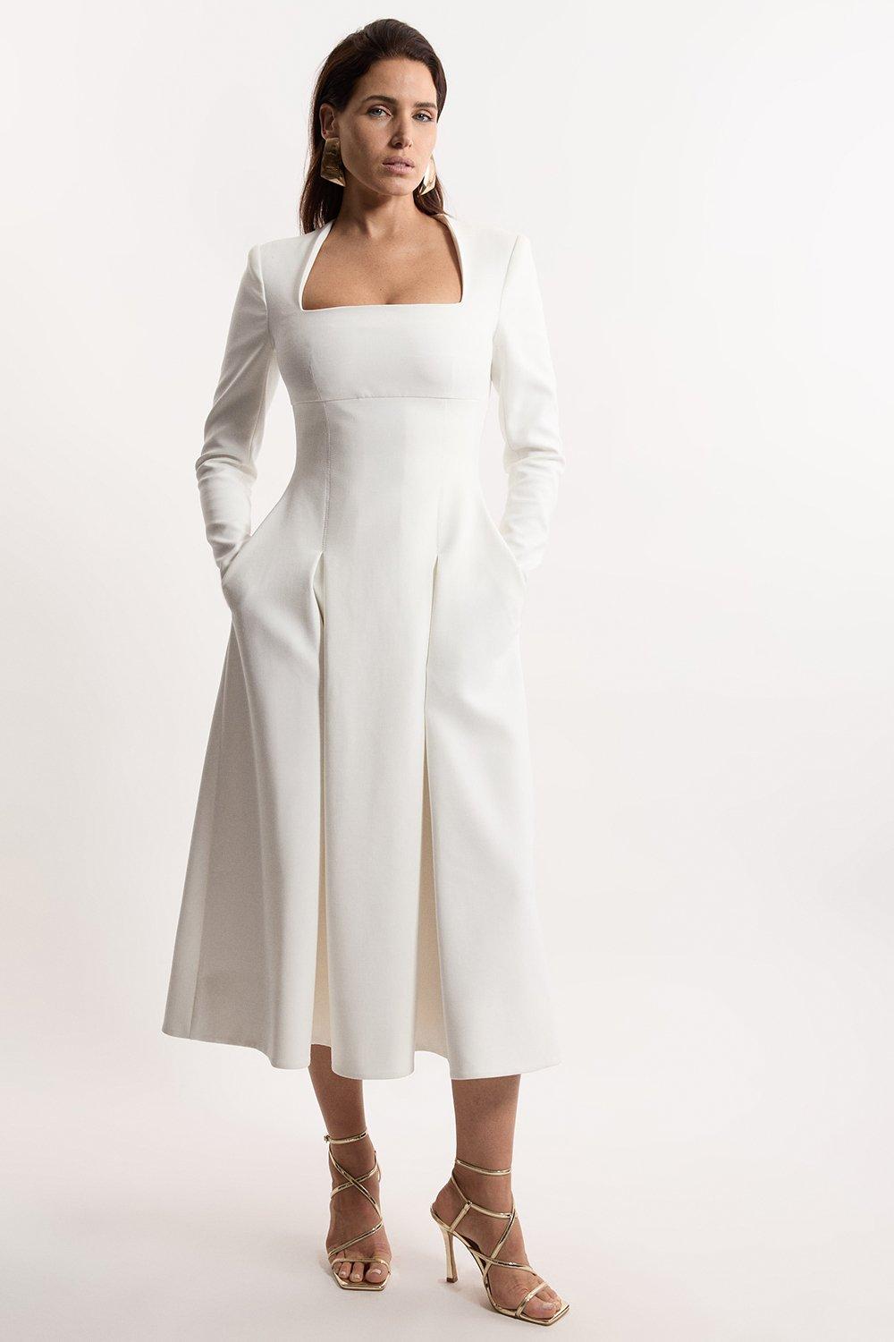 Clean Tailored Sweetheart Neckline Midi Dress - Ivory