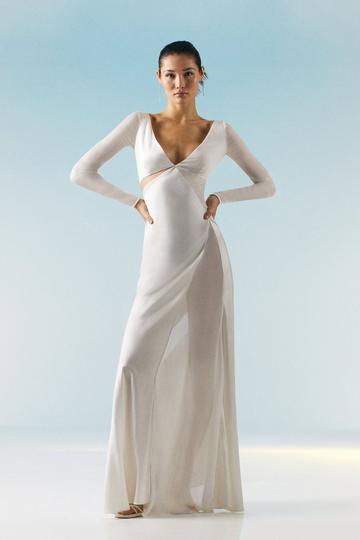 Petite Ooto Sheer Panneled Long Sleeve Woven Maxi Dress ivory