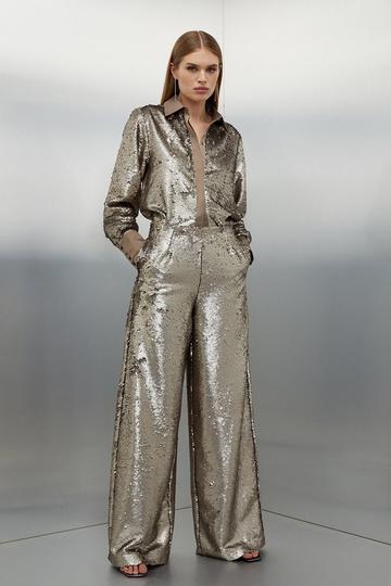 Sequin Woven Wide Leg Trousers silver