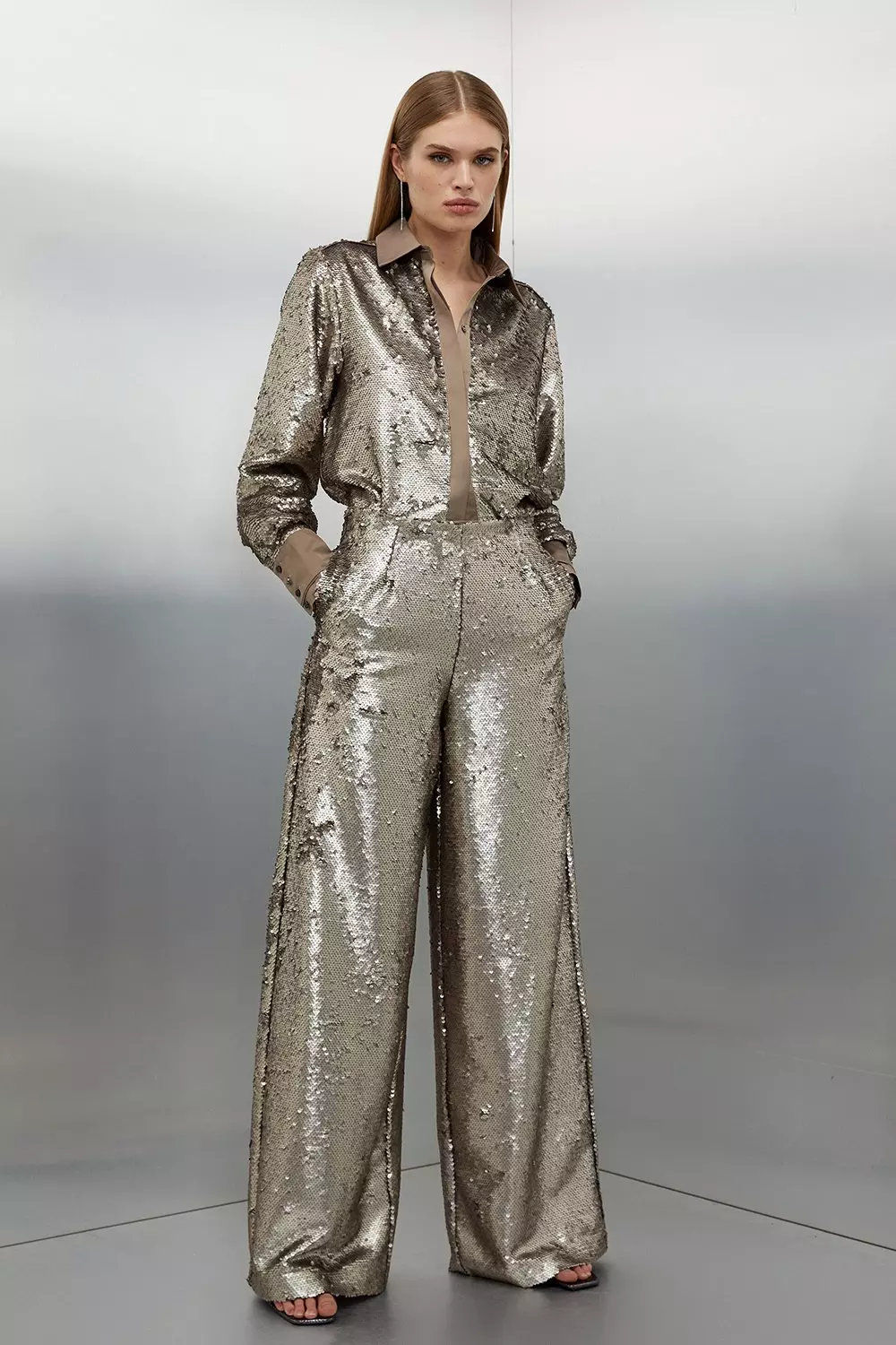 Silver sequin store wide leg trousers