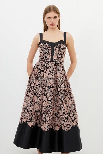 Petite Lace Prom Woven Midi Dress black