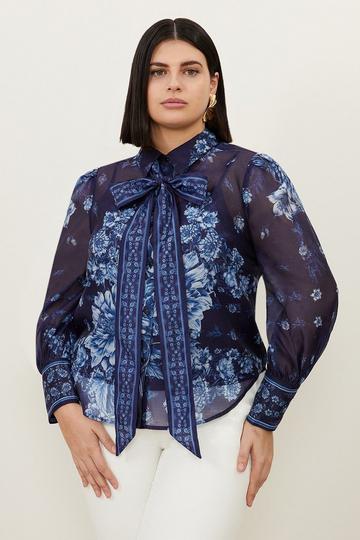 Plus Size Organdie Floral Placement Print Tie Woven Blouse navy