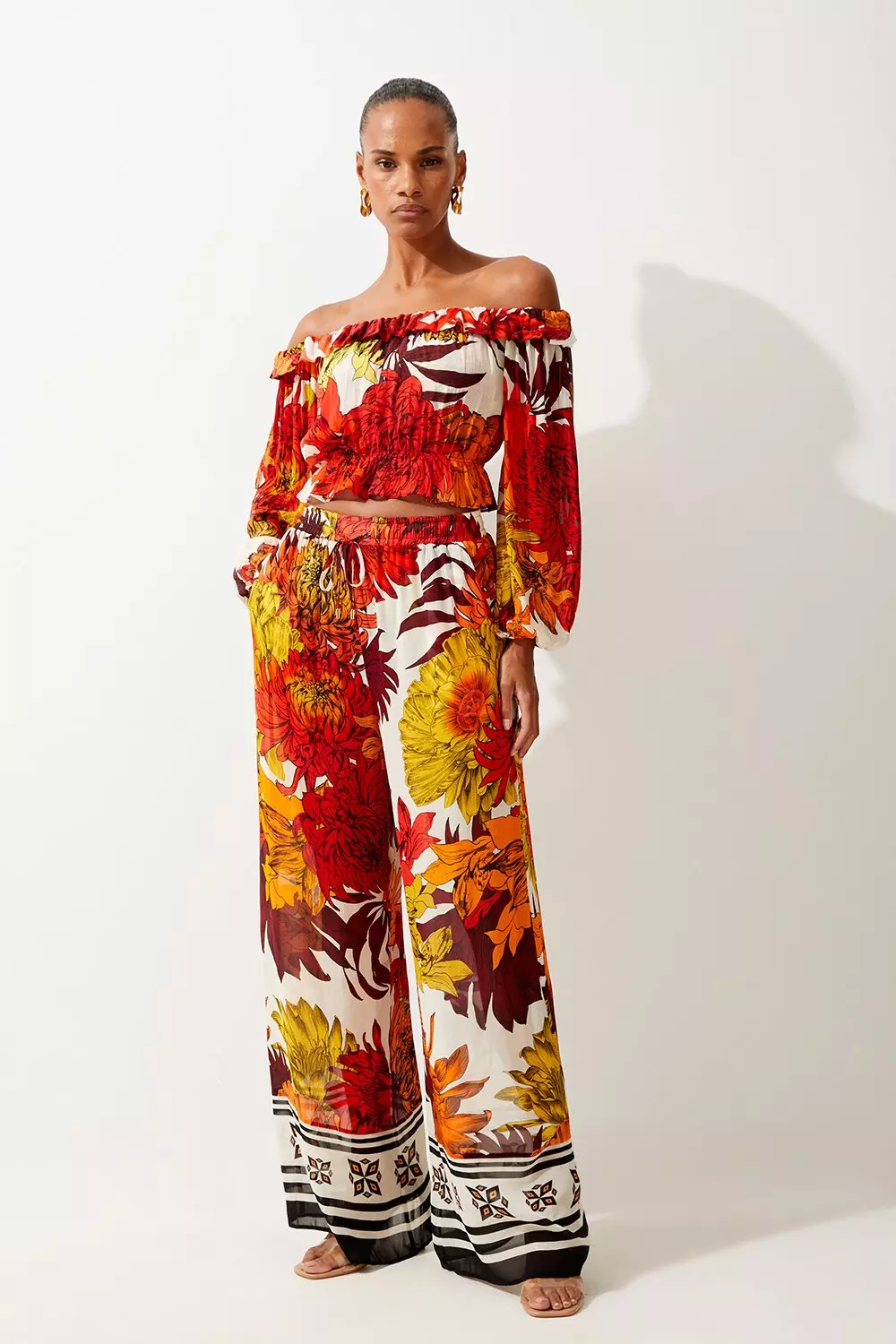 Viscose Georgette Border Print Beach Wide Leg Pants | Karen Millen